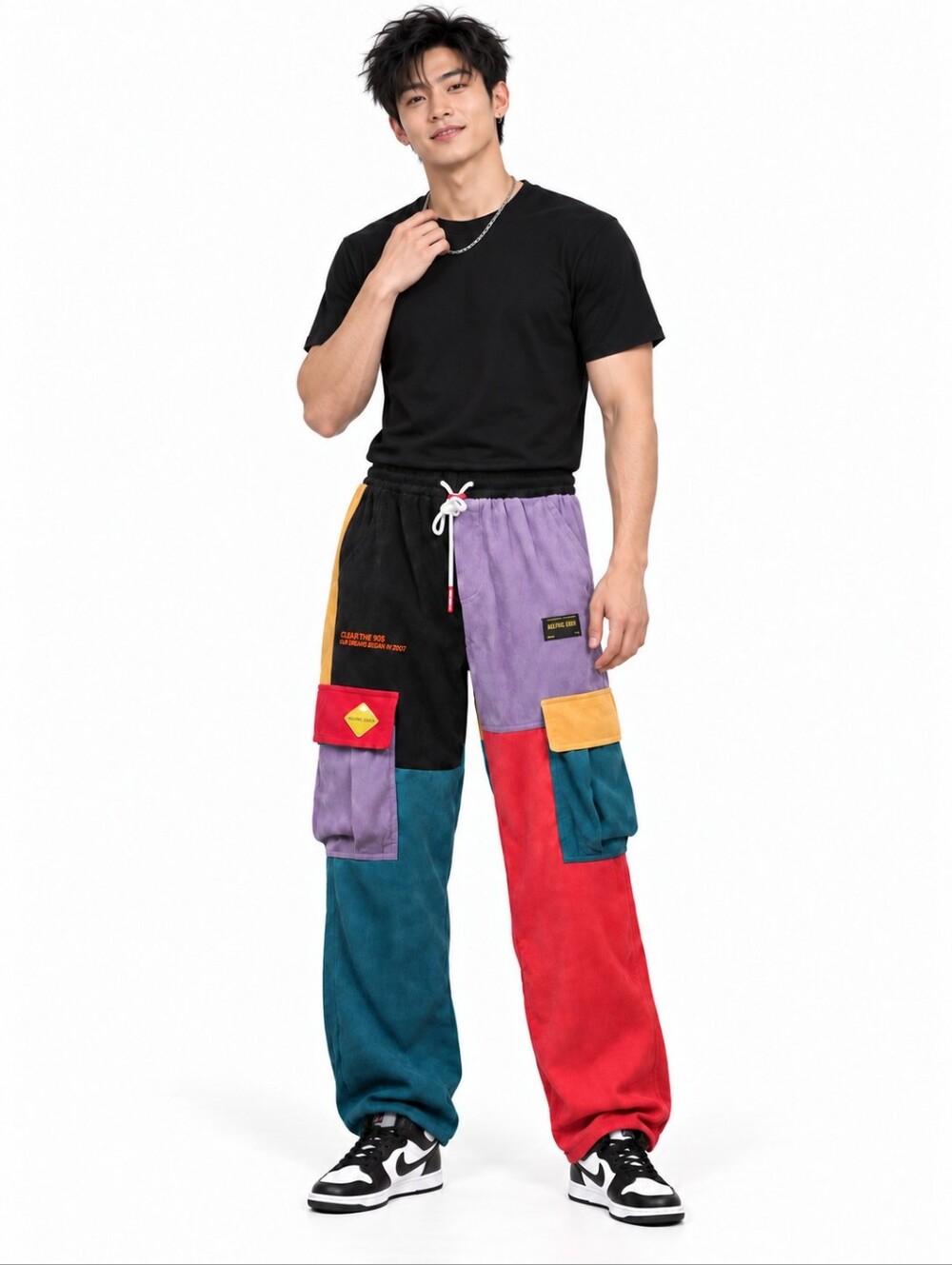 Aelfric Eden Men’s Color Patchwork Cargo Pants Hip Hop Streetwear Small